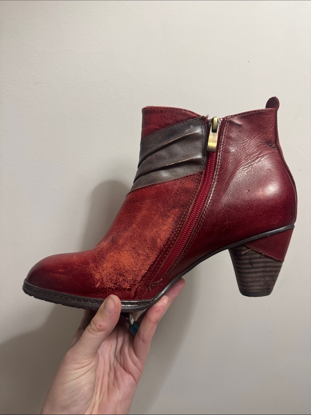 L’Artiste by Spring Step Leather Colorblock Ankle Booties EU 38 US 7.5 Red Boho - Picture 6 of 12